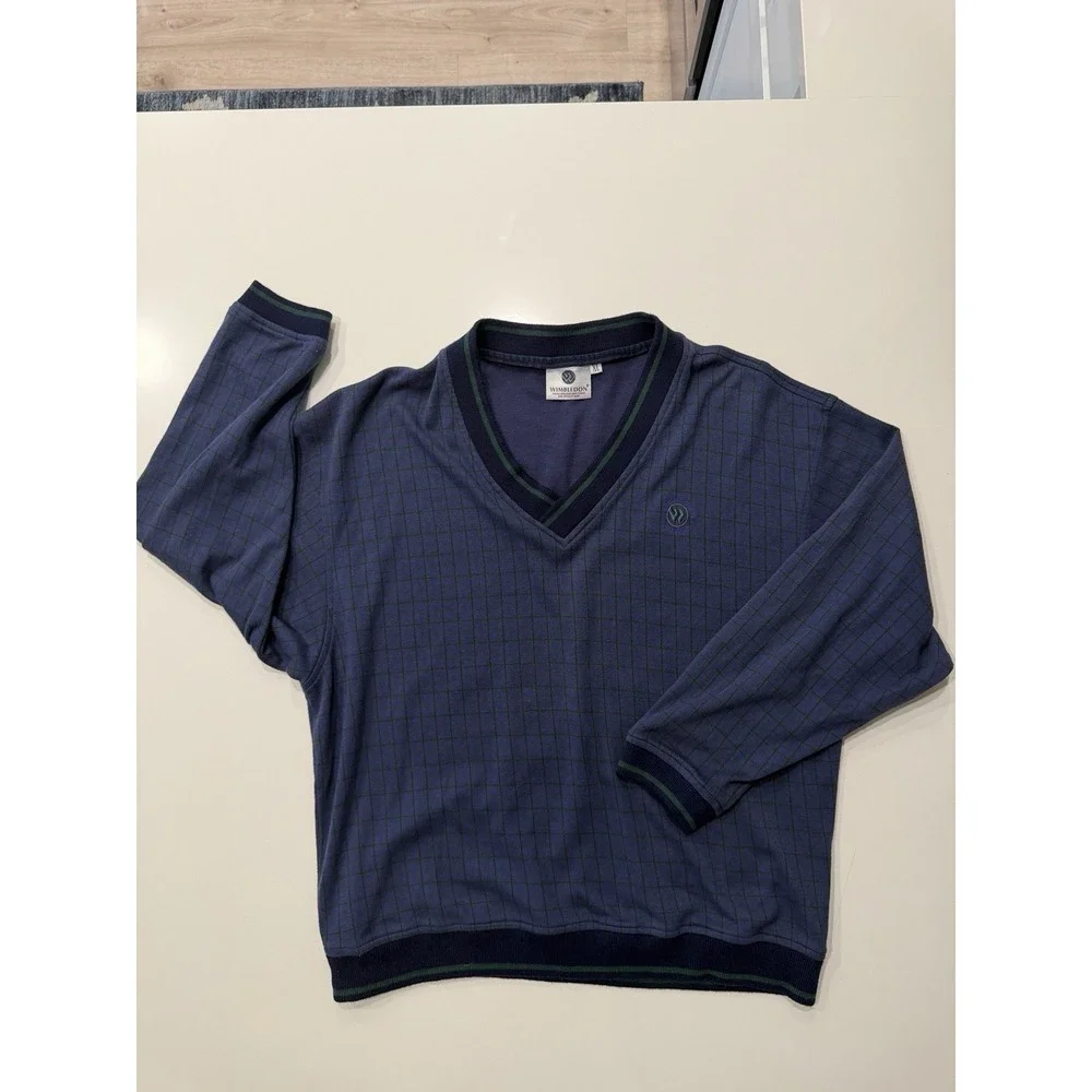 Wimbledon Vintage All England Tennis V-Neck Sweater Navy Plaid XL Mens